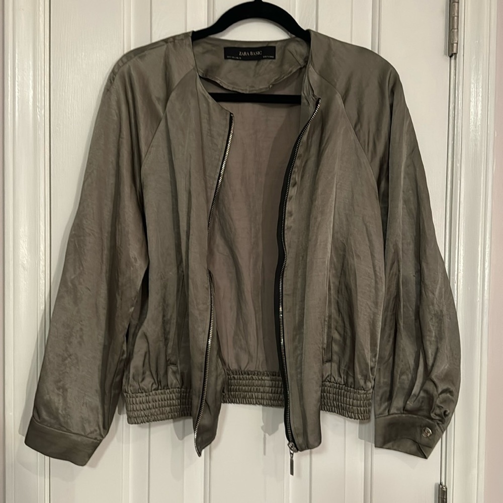 Zara Lightweight Satin Olive Green Bomber Jacket Sz Small - Picture 6 of 15